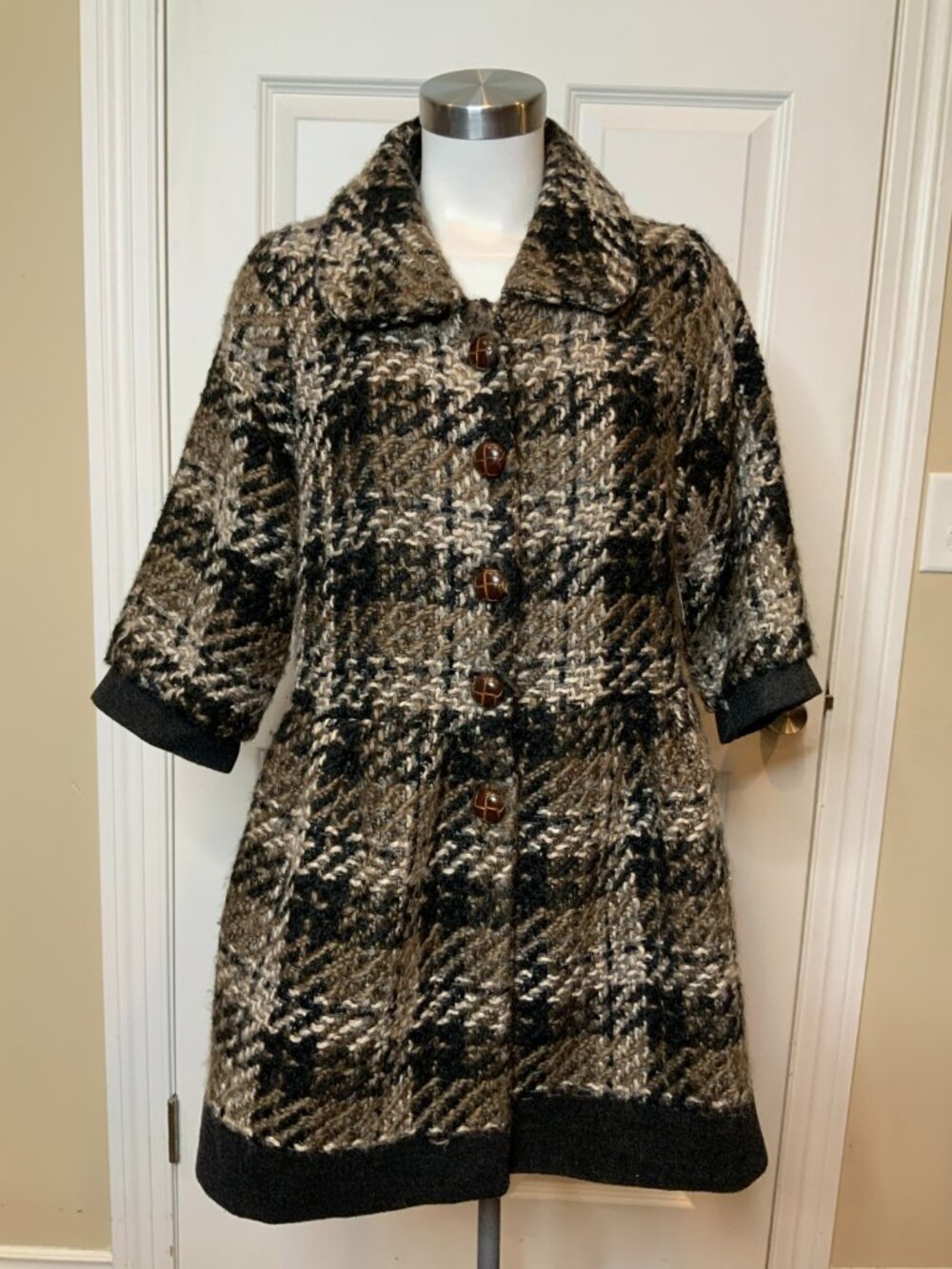 Knitted Dove Anthropologie Black & Brown Plaid Satin Lined Tweed Coat, Size L